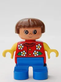 LEGO Duplo Figure, Child Type 2 Girl, Blue Legs, Red Torso With Flowers Pattern, Collar And 2 Buttons, Yellow Arms, Brown Hair minifigure