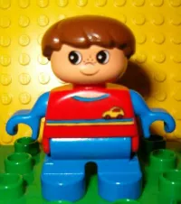 LEGO Duplo Figure, Child Type 2 Boy, Blue Legs, Red Top with Yellow and Blue Stripes and Yellow Car Logo, Blue Arms, Brown Hair minifigure