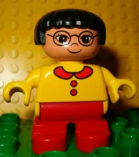 LEGO Duplo Figure, Child Type 2 Girl, Red Legs, Yellow Sweater, Black Hair, Glasses minifigure