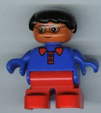 LEGO Duplo Figure, Child Type 2 Boy, Red Legs, Blue Top with Red Collar, Black Hair, Glasses minifigure