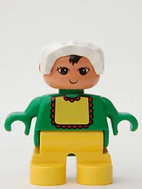 LEGO Duplo Figure, Child Type 2 Baby, Yellow Legs, Green Top with Yellow Bib with Red Lace, White Bonnet minifigure