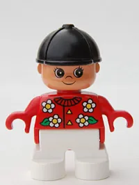 LEGO Duplo Figure, Child Type 2 Girl, White Legs, Red Top with White Flowers, Black Riding Hat minifigure