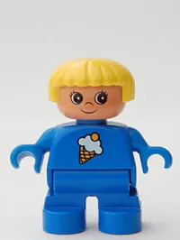 LEGO Duplo Figure, Child Type 2 Girl, Blue Legs, Blue Top with Ice Cream Pattern, Yellow Hair minifigure