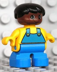 LEGO Duplo Figure, Child Type 2 Boy, Blue Legs, Yellow Top with Blue Overalls, Black Hair, Brown Head minifigure