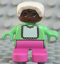 LEGO Duplo Figure, Child Type 2 Baby, Dark Pink Legs, Light Green Top with White Bib with Dark Pink Lace, White Bonnet minifigure