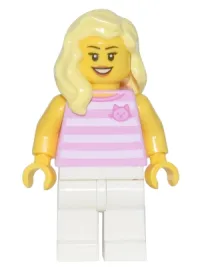 LEGO Skyline Express Woman - Bright Pink Striped Top with Cat Head, White Legs, Bright Light Yellow Hair minifigure