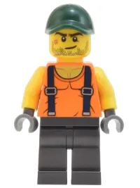 LEGO Skyline Express Man - Orange Shirt with Suspenders, Pearl Dark Gray Legs, Dark Green Cap minifigure