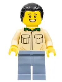 LEGO Male, Tan Shirt, Sand Blue Legs, Black Ponytail Hair minifigure