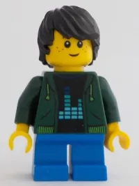 LEGO Boy, Dark Green Hoodie with Bright Green Drawstrings, Blue Short Legs, Black Tousled Hair minifigure