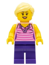 LEGO Female, Dark Pink Striped Top, Dark Purple Legs, Bright Light Yellow Ponytail minifigure