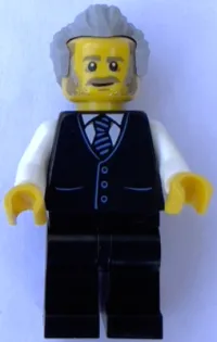 LEGO Receptionist, Male, Black Vest with Blue Striped Tie, Black Legs, Light Bluish Gray Hair minifigure