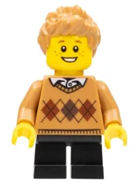 LEGO Boy, Medium Nougat Argyle Sweater, Black Legs, Medium Nougat Hair minifigure