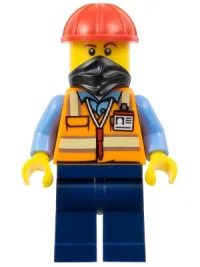 LEGO Construction Worker - Male, Orange Safety Vest with Reflective Stripes, Dark Blue Legs, Red Construction Helmet, Black Bandana minifigure