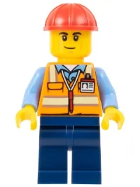 LEGO Construction Worker - Male, Orange Safety Vest with Reflective Stripes, Dark Blue Legs, Red Construction Helmet, Smirk minifigure