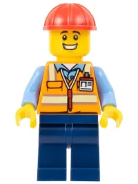 LEGO Construction Worker - Male, Orange Safety Vest with Reflective Stripes, Dark Blue Legs, Red Construction Helmet, Large Grin minifigure