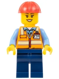 LEGO Construction Worker - Female, Orange Safety Vest with Reflective Stripes, Dark Blue Legs, Red Construction Helmet (Crane Operator) minifigure