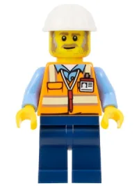 LEGO Construction Foreman - Male, Orange Safety Vest with Reflective Stripes, Dark Blue Legs, White Construction Helmet minifigure