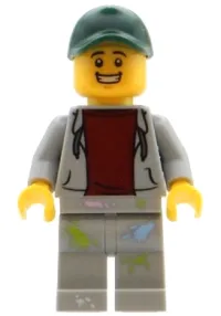 LEGO Mechanic - Male, Light Bluish Gray Hoodie, Light Bluish Gray Legs with Paint Splotches, Dark Green Cap minifigure
