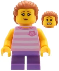 LEGO Child - Girl, Bright Pink Striped Shirt with Cat Head, Medium Lavender Short Legs, Dark Orange Swept Back Hair with Ponytail minifigure