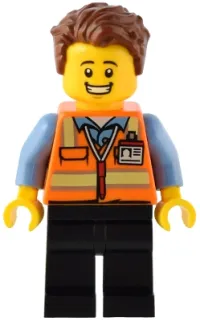 LEGO Train Driver - Male, Orange Safety Vest with Reflective Stripes, Black Legs, Reddish Brown Hair minifigure