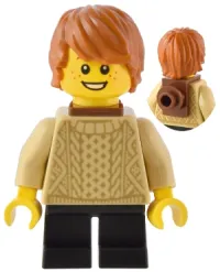 LEGO Traveler - Boy, Tan Knit Sweater, Black Short Legs, Reddish Brown Neck Bracket and Round Plate, Dark Orange Hair minifigure