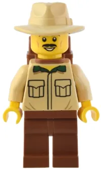 LEGO Traveler - Male, Tan Shirt, Reddish Brown Legs, Reddish Brown Backpack, Tan Fedora Hat minifigure