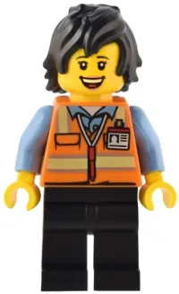 LEGO Train Driver - Female, Orange Safety Vest with Reflective Stripes, Black Legs, Black Hair minifigure