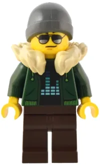LEGO Traveler - Male, Dark Green Hoodie, Dark Brown Legs, Tan Fur Collar, Dark Bluish Gray Beanie minifigure
