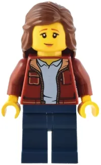 LEGO Traveler - Female, Dark Red Jacket with Bright Light Blue Shirt, Dark Blue Legs, Reddish Brown Hair minifigure