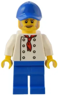 LEGO Hot Dog Stand Manager - White Torso with 8 Buttons, No Wrinkles Front or Back, Blue Legs, Blue Cap minifigure