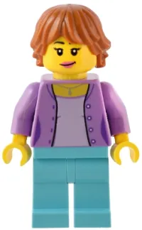 LEGO Traveler - Female, Medium Lavender Jacket, Medium Azure Legs, Dark Orange Hair minifigure