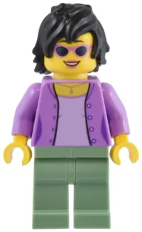 LEGO 1950s Diner Patron - Female, Medium Lavender Jacket, Sand Green Legs, Black Hair minifigure