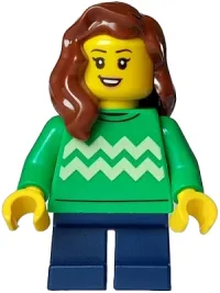 LEGO Child - Girl, Bright Green Sweater with Bright Light Yellow Zigzag Lines, Dark Blue Short Legs, Reddish Brown Hair over Shoulder minifigure