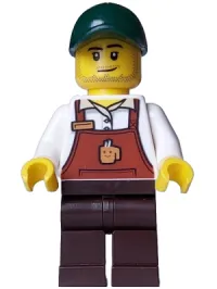 LEGO Bakery / Boulangerie Owner - Reddish Brown Apron with Cup and Name Tag, Dark Brown Legs, Dark Green Cap minifigure