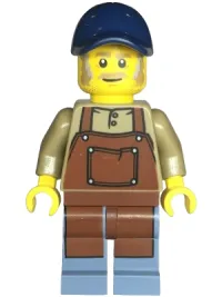 LEGO Snack Shack Vendor - Male, Dark Tan Top with Reddish Brown Apron, Sand Blue Legs, Dark Blue Cap minifigure