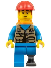 LEGO Train Worker - Dark Tan Vest, Dark Azure Legs, Prosthetic Left Leg, Orange Air Tanks, Construction Helmet minifigure