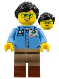 LEGO Train Worker - Female, Medium Blue Octan Shirt, Dark Tan Legs with Reddish Brown Boots, Green Glasses, Black Ponytail minifigure