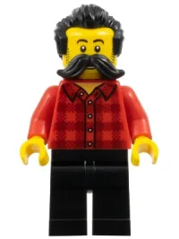 LEGO Train Worker - Red Plaid Flannel Shirt, Black Legs, Moustache, and Hair minifigure