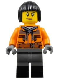 LEGO Train Worker - Orange Jacket, Dark Blue Gray Legs with Black Boots, Black Bob Cut Hair minifigure