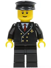 LEGO Airport - Pilot with Red Tie and 6 Buttons, Black Legs, Black Hat, Brown Eyebrows, Thin Grin minifigure
