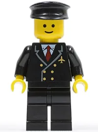LEGO Airport - Pilot with Red Tie and 6 Buttons, Black Legs, Black Hat, Standard Grin minifigure