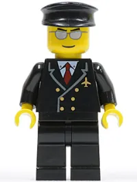 LEGO Airport - Pilot with Red Tie and 6 Buttons, Black Legs, Black Hat, Silver Glasses minifigure