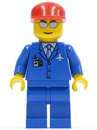 LEGO Airport - Blue 3 Button Jacket & Tie, Red Cap, Silver Sunglasses with Thin Smile minifigure