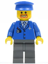 LEGO Airport - Blue 3 Button Jacket & Tie, Blue Hat, Dark Bluish Gray Legs minifigure