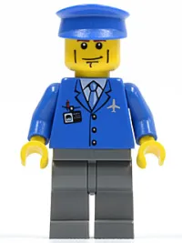 LEGO Airport - Blue 3 Button Jacket & Tie, Blue Hat, Dark Bluish Gray Legs, Vertical Cheek Lines minifigure