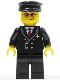 LEGO Airport - Pilot with Red Tie and 6 Buttons, Black Legs, Black Hat, Orange Sunglasses minifigure