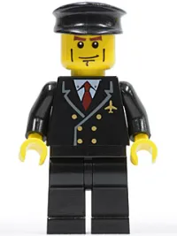 LEGO Airport - Pilot with Red Tie and 6 Buttons, Black Legs, Black Hat, Vertical Cheek Lines minifigure