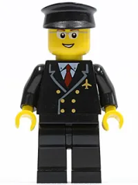 LEGO Airport - Pilot with Red Tie and 6 Buttons, Black Legs, Black Hat, Glasses and Open Smile minifigure