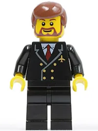 LEGO Airport - Pilot with Red Tie and 6 Buttons, Black Legs, Reddish Brown Hair, Brown Beard Rounded minifigure