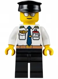 LEGO Airport - Pilot, White Shirt with Dark Blue Tie, Belt and ID Badge, Black Legs, Black Hat minifigure